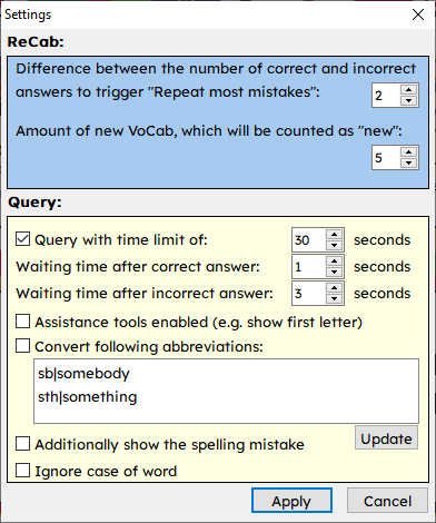 ReCab settings window